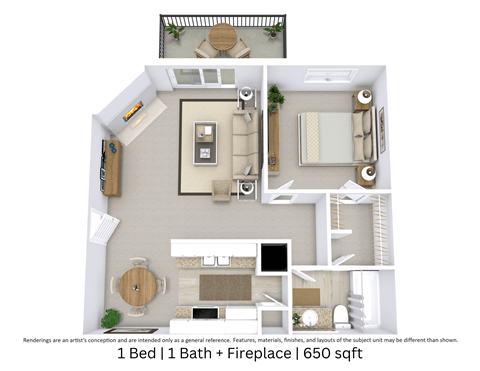 Floor plan for 1 bed, 1 bath, 650 sqft